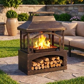 Red Mountain Valley 37" Steel Outdoor Wood-Burning Fire Pit, with Mesh Screen and Log Poker for Patio, Garden, Backyard Heating and Bonfire