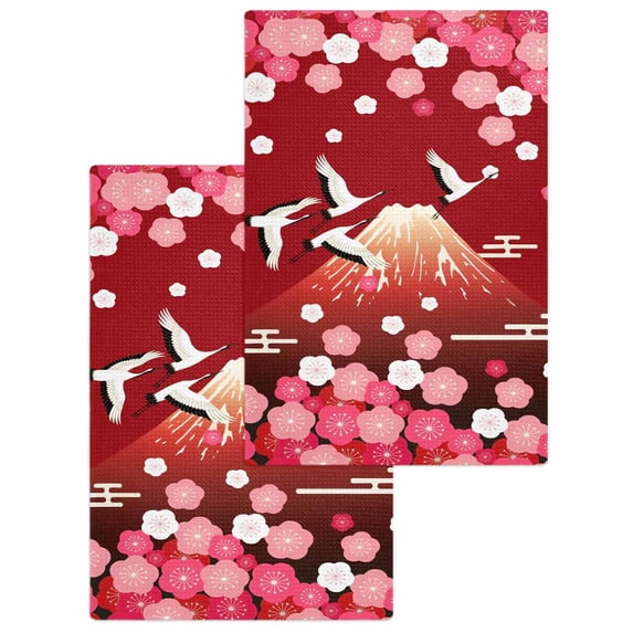 Red Mountains Kitchen Dish Towels for Drying Dishes Set of 2, Modern Aesthetic Cherry Blossoms Cranes Waffle Weave Microfiber Hand Tea Bathroom Towels Quick Dry & Absorbent Towel 15.7x23.6