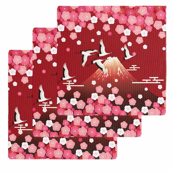 Red Mountains Kitchen Dish Towels for Drying Dishes Set of 3, Modern Aesthetic Cherry Blossoms Cranes Waffle Weave Microfiber Hand Tea Bathroom Towels Quick Dry & Absorbent Towel 12x12