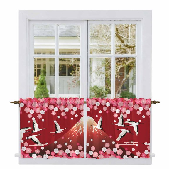 Red Mountains Tier Curtains 24 Inch Length, Modern Aesthetic Cherry Blossoms Cranes Cafe Short Curtains for Bathroom Over Sink, Small Kitchen Curtain Light Filtering Drapes 2 Panels 27.5"Wx24"L