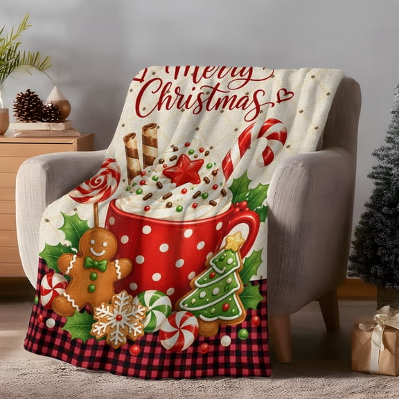 Red Mug Hot Cocoa Throw Flannel Blanket Christmas Winter Sweet Gingerbread Man Cookie Super Soft Cozy Bed Blanket, Lightweight Plush Fuzzy Bed Throw for Bedroom Sofa Couch Living Room 30x40in