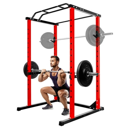Red Multi-Functional Squat Rack, 1200 LBS Capacity Power Cage with 14 Hole Adjustable Height, 2"x2" Q235 Carbon Steel and J-Hooks for Home Gym