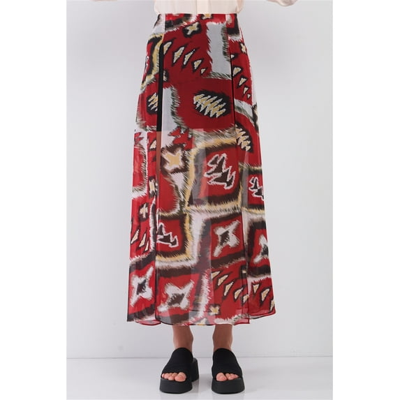 Red & Multi Vintage Graphic Print High-waisted Two Front Slits Maxi Skirt M