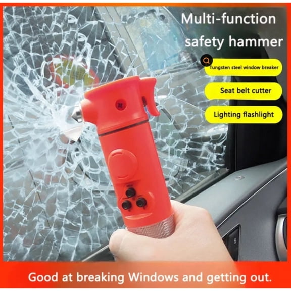 Red Multifunctional Car Safety Hammer with LED Flashlight - Window Breaker & Seat Belt Cutter, Emergency Escape Tool for Vehicles, Compact 8.26" Design
