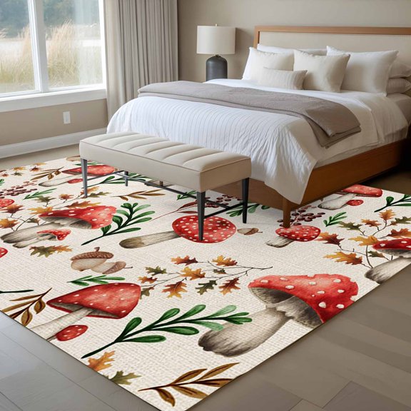 Red Mushroom 6x9 Rug for Dining Room Table and Chair Setup, Vegetables Plants Leaf Pine Cone Rustic Low Pile Washable Non Slip Rectangle Area Rug