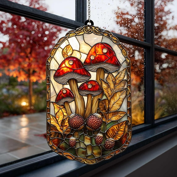 Red Mushroom ACRYLIC Suncatcher Forest Faux Glass Window Panel with Autumn Ferns & Toadstools | Cottagecore Woodland Home Decor