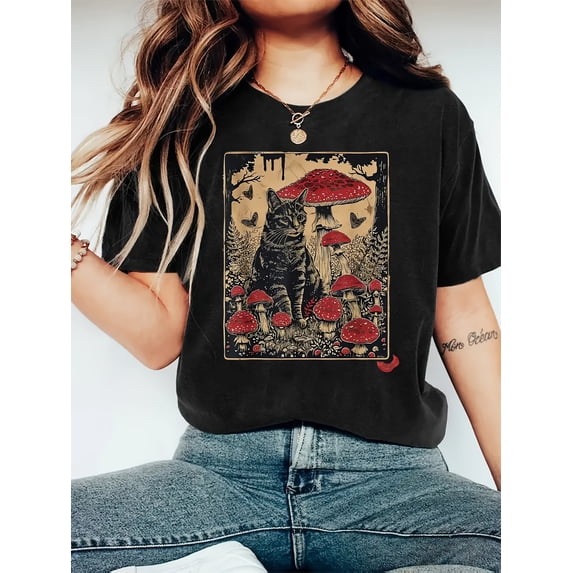 Red Mushroom And Cat Pattern T-Shirt, Casual Round Neck Short Sleeve Top, Fabric, Comfortable for All Seasons