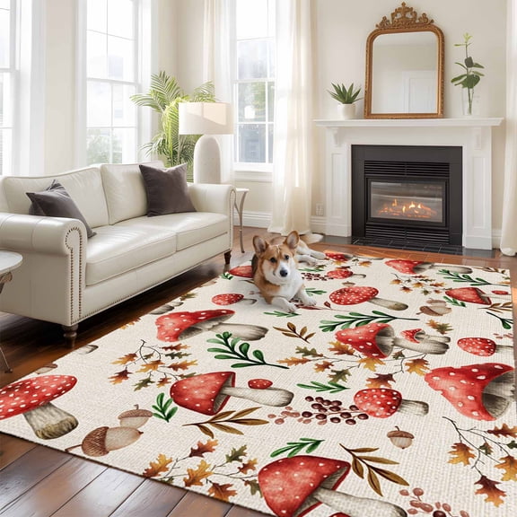Red Mushroom Area Rugs 5x7 ft Vegetables Plants Leaf Pine Cone Rustic Washable Rug Non Slip Indoor Carpet Absorbent Floor Mat for Living Room Bedroom Dining Room