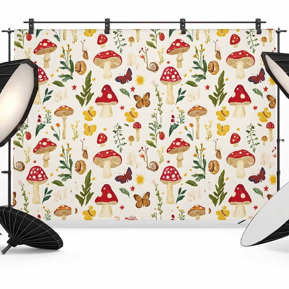 Red Mushroom Backdrop for Photoshoot, Photography Photo Studio Background Wall Backdrop, Spring Floral Summer Botanical Back Drop Banner Panel for Portraits Wedding Party Live Streaming Decor 12x8Ft
