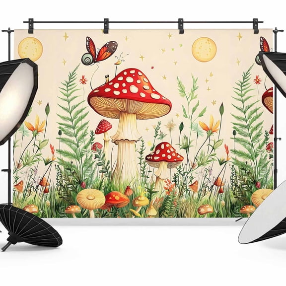 Red Mushroom Backdrop for Photoshoot, Photography Photo Studio Background Wall Backdrop, Watercolor Spring Summer Floral Back Drop Banner Panel for Portraits Wedding Party Live Streaming Decor 12x8Ft