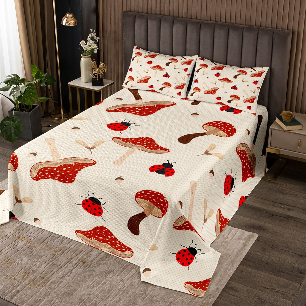 Red Mushroom Bedspread Set Cute Ladybug Coverlet Set King, Wild Fungus