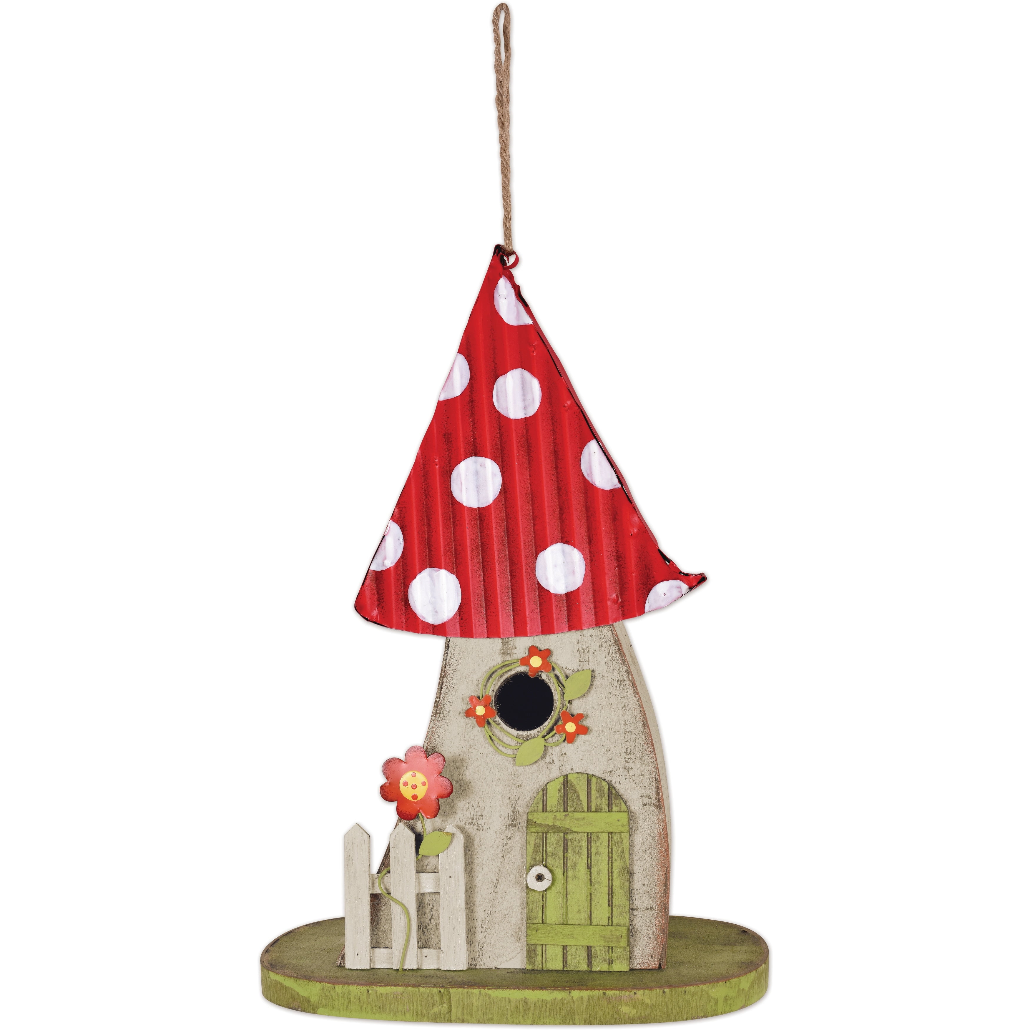 Whimsical Red and Green Mushroom Birdhouse with Tin Roof