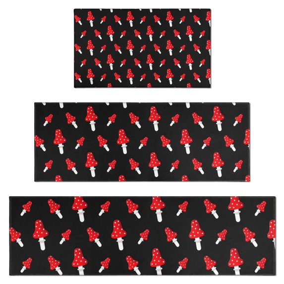 Red Mushroom Black Pattern Kitchen Rugs Sets Of 3,Kitchen Runner Rugs Non Skid Washable,Decorative Kitchen Floor Mats for Kitchen,Sink,Laundry,17"x30"+ 17"x47" + 17"x59"