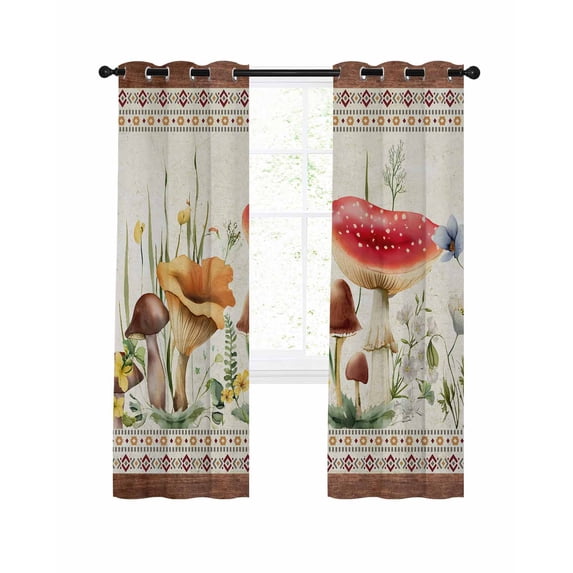 Red Mushroom Blackout Curtains, Light Blocking Print Window Curtains, Vintage Pastoral Botanical Retro Art Thermal Insulated Window Drapes for Living Room Kitchen Cafe 2 Panels, 104"W x 63"L