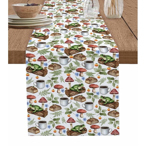 Red Mushroom Burlap Cotton Table Runner 13x70 Inches Long, Frog Coffee Bread Sage Green Bread Brown Farmhouse Table Runners, Outdoor Dining Tablecloths Decor for Baby Shower/Party/Wedding