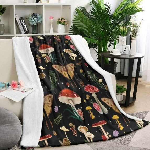 Red Mushroom Butterfly Black Pattern Blanket,Comfortable Soft Lamb Wool Throw Blanket,All Season,Warm Lightweight Blankets for Sofa Bed Couch Living Room Chair,60"x80"
