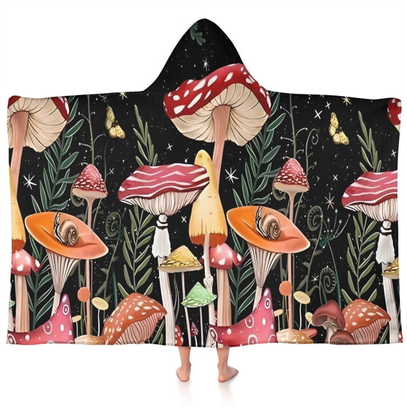 Red Mushroom Butterfly Black Pattern Hooded Bath Towel,60"x35" for Ages 3 To 12 Kids, Quick Dry Lightweight Soft Microfiber Hood Beach Towel Cover Up for Kids