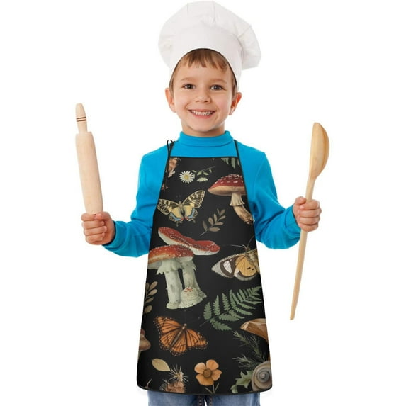 Red Mushroom Butterfly Black Pattern Kids Aprons for Girls and Boys,Adjustable Neck Strap Toddler Aprons for Kids Cooking Baking