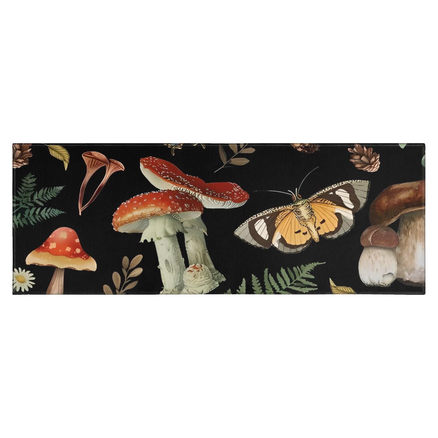Red Mushroom Butterfly Black Pattern Kitchen Rug Mat,Kitchen Runner ...