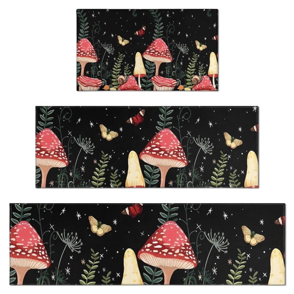 Red Mushroom Butterfly Black Pattern Kitchen Rugs Sets Of 3,Kitchen Runner Rugs Non Skid Washable,Decorative Kitchen Floor Mats for Kitchen,Sink,Laundry,17"x30"+ 17"x47" + 17"x59"