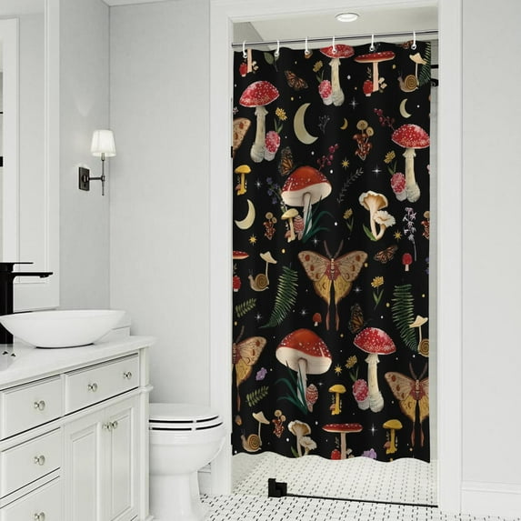 Red Mushroom Butterfly Black Pattern Shower Curtain 36"x72" ,Bathroom Decorative Shower Curtains Set with 12 Hooks,Modern Waterproof Washable Shower Curtain