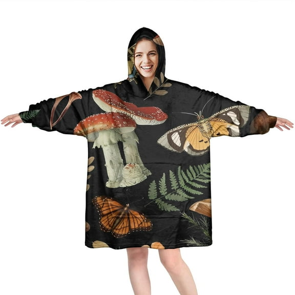 Red Mushroom Butterfly Black Pattern Wearable Oversized Blanket,Wearable Blanket Hoodie for Adults,Cozy Hooded Blankets with Super Pockets,Super Warm Fuzzy Pullover for Women & Men