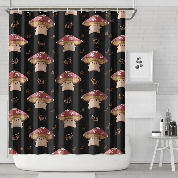 Red Mushroom Cartoon Black Pattern Shower Curtain 72"x84" ,Bathroom Decorative Shower Curtains Set with 12 Hooks,Modern Waterproof Washable Shower Curtain