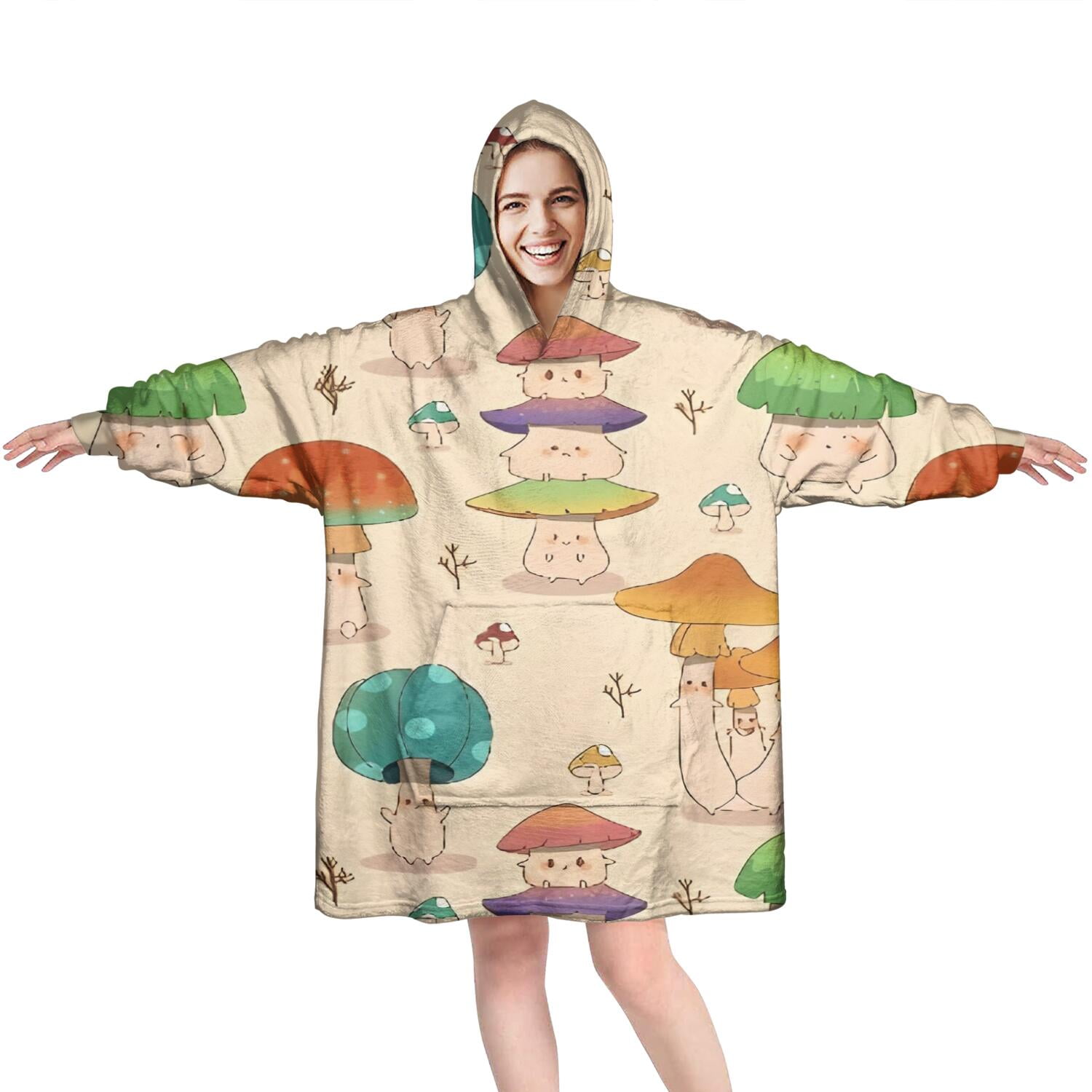 Red Mushroom Cartoon Light Pattern Wearable Oversized Blanket,Wearable Blanket Hoodie for Adults,Cozy Hooded Blankets with Super Pockets,Super Warm Fuzzy Pullover for Women & Men