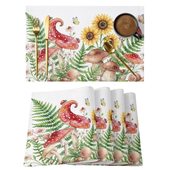 Red Mushroom Cotton Linen Placemats Set of 1, Sunflower Green Fern Butterfly Ladybug Botanical Washable Table Place Mats Heat Insulating Placemat for Dining Room Kitchen Daily Use 13 x 19 Inch