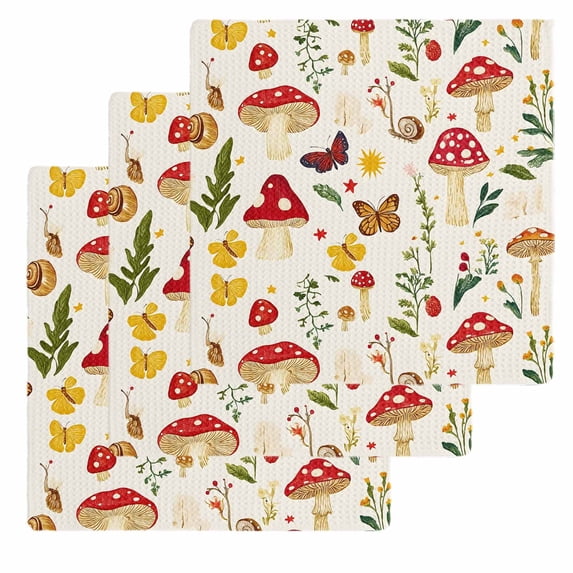 Red Mushroom Dish Towels Set, Waffle Weave Kitchen Towels 3 Pieces, Spring Floral Summer Botanical Microfiber Hair Face Bath Tea Towel Absorbent Quick Drying Cleaning Dish Cloths, 12"x12"