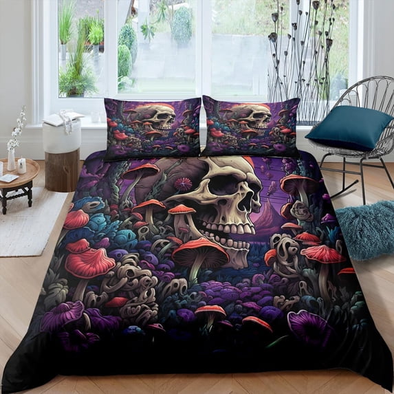 Red Mushroom Duvet Cover Sugar Skull Bedding Set Black Purple Skeleton Comforter Cover Wildflower Botanical Plant Duvet Covers Fungus Aesthetic Duvet Cover Set Room Decor