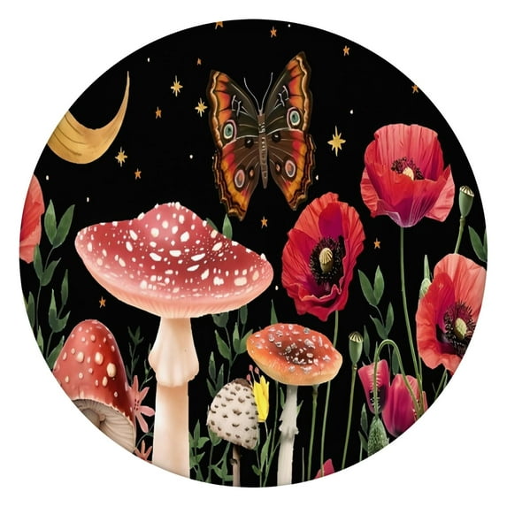 Red Mushroom Fantasy Black Pattern Round Fitted Tablecloth with Elastic Edge,Dining Table Cover Waterproof,Outdoor Round Tablecloth for Camping,Dining,Indoor and Outdoor