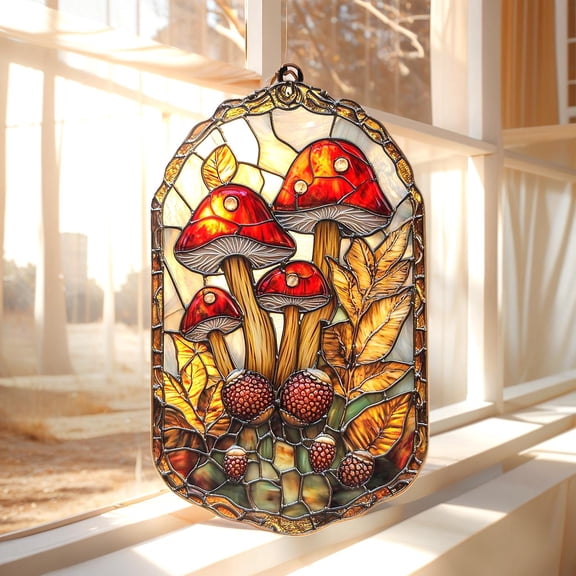 Red Mushroom Faux Wavy Acrylic Wavy Acrylic Suncatcher, Woodland Window Hanging Art, Fall Forest Decor Gift For Cottagecore Fans
