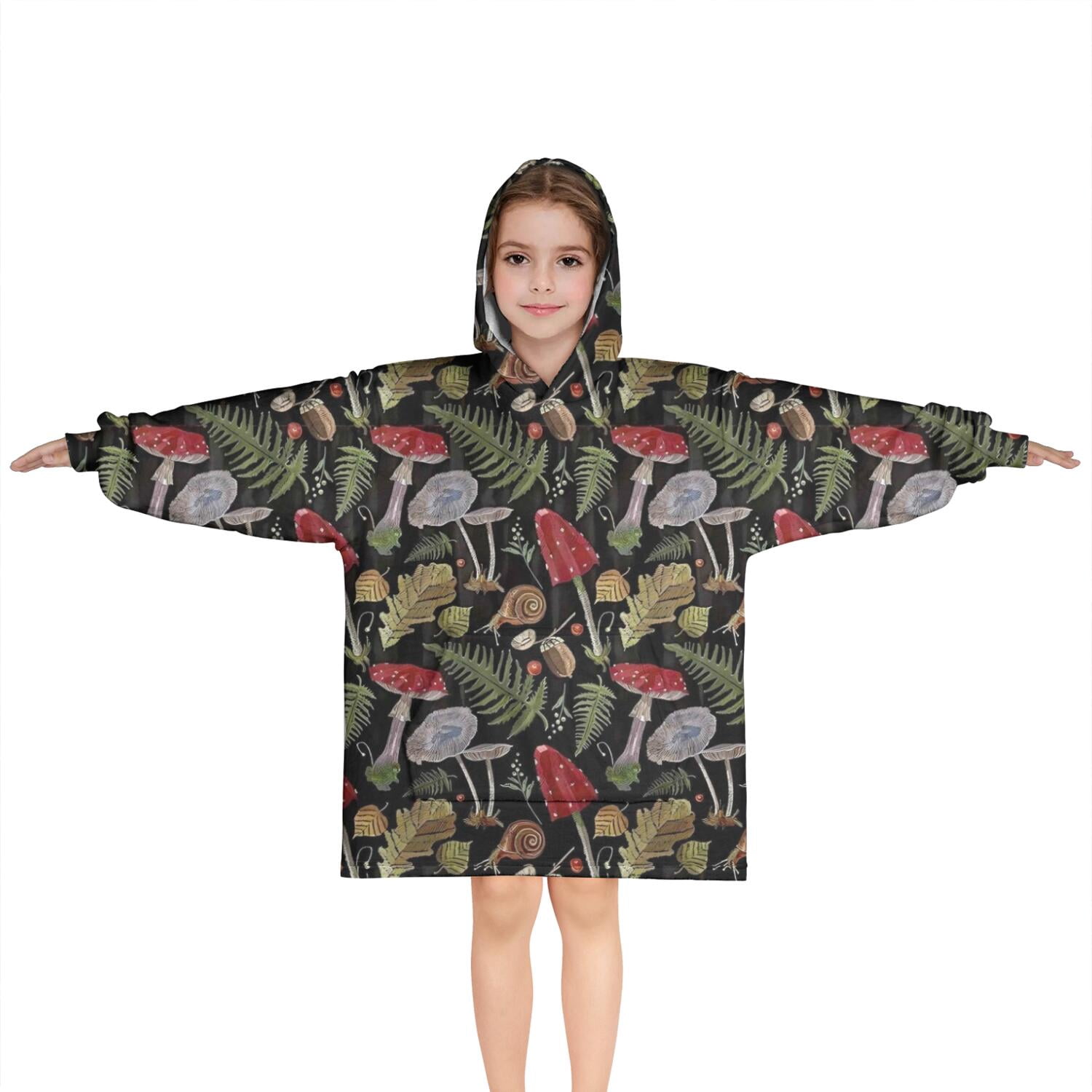 Red Mushroom Fern Black Pattern Blanket Hoodies for Kids 6-13YR Oversize Wearable Blanket Hoodies for Boys Girls Teens