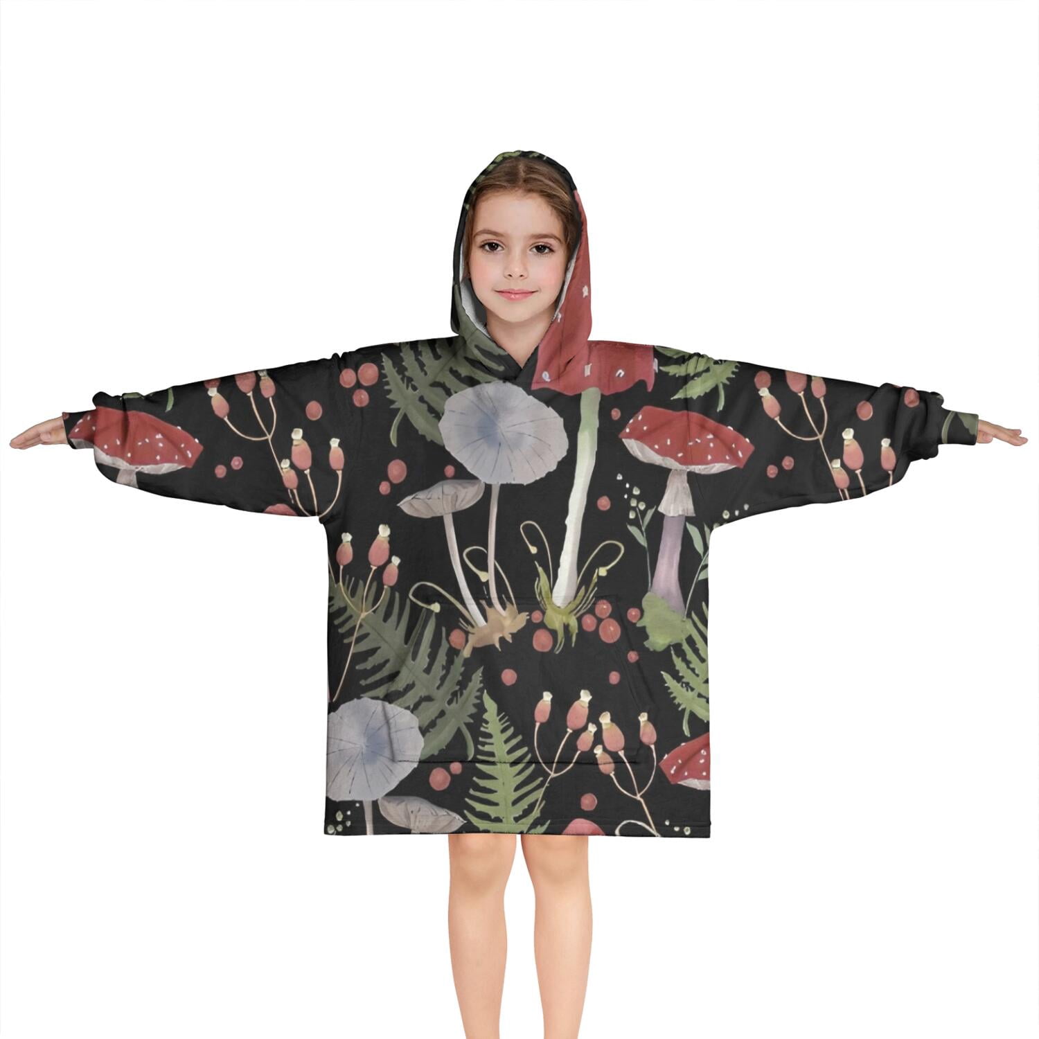 Red Mushroom Fern Black Pattern Blanket Hoodies for Kids 6-13YR Oversize Wearable Blanket Hoodies for Boys Girls Teens