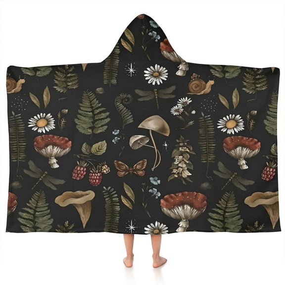 Red Mushroom Fern Black Pattern Hooded Bath Towel，50"x30" for Ages 3 To 12 Kids, Quick Dry Lightweight Soft Microfiber Hood Beach Towel Cover Up for Kids