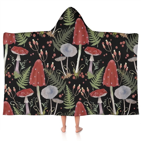 Red Mushroom Fern Black Pattern Hooded Bath Towel,50"x30" for Ages 3 To 12 Kids, Quick Dry Lightweight Soft Microfiber Hood Beach Towel Cover Up for Kids