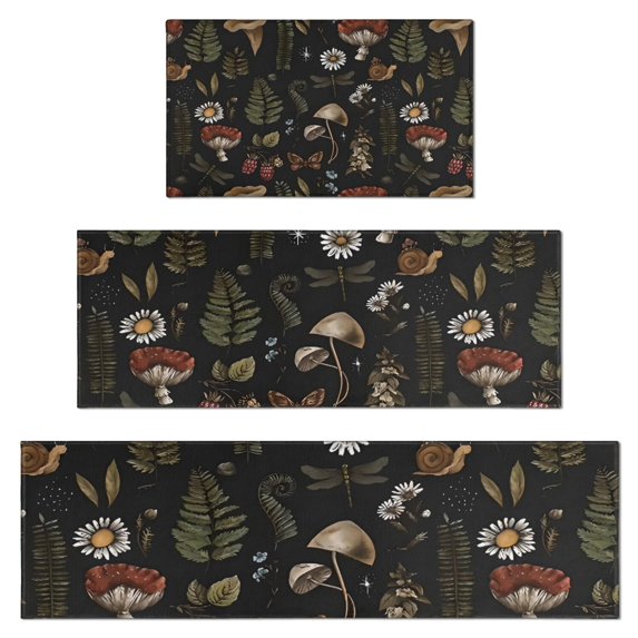 Red Mushroom Fern Black Pattern Kitchen Rugs Sets Of 3,Kitchen Runner Rugs Non Skid Washable,Decorative Kitchen Floor Mats for Kitchen,Sink,Laundry,17"x30"+ 17"x47" + 17"x59"