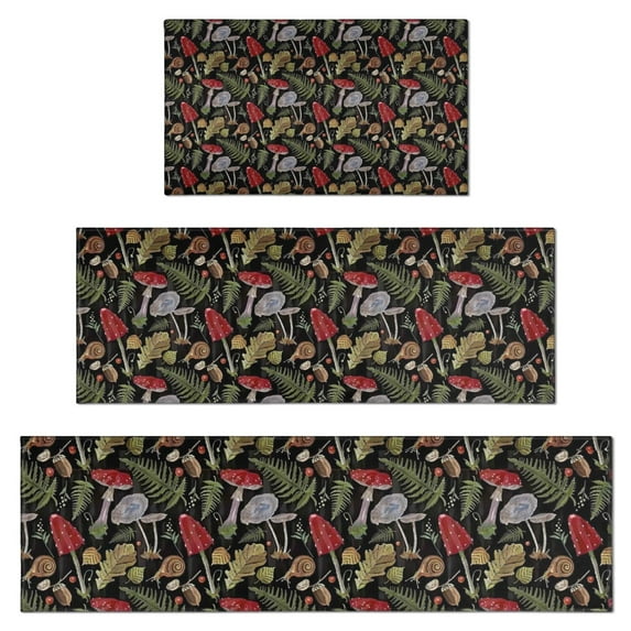 Red Mushroom Fern Black Pattern Kitchen Rugs Sets Of 3,Kitchen Runner Rugs Non Skid Washable,Decorative Kitchen Floor Mats for Kitchen,Sink,Laundry,17"x30"+ 17"x47" + 17"x59"