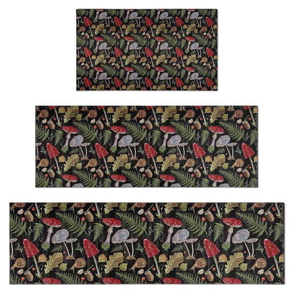 Red Mushroom Fern Black Pattern Kitchen Rugs Sets Of 3,Kitchen Runner Rugs Non Skid Washable,Decorative Kitchen Floor Mats for Kitchen,Sink,Laundry,17"x30"+ 17"x47" + 17"x59"