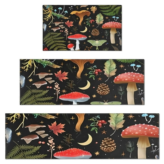 Red Mushroom Fern Black Pattern Kitchen Rugs Sets Of 3,Kitchen Runner Rugs Non Skid Washable,Decorative Kitchen Floor Mats for Kitchen,Sink,Laundry,17"x30"+ 17"x47" + 17"x59"