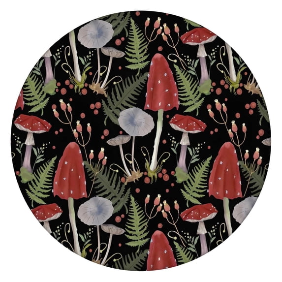 Red Mushroom Fern Black Pattern Round Fitted Tablecloth with Elastic Edge,Dining Table Cover Waterproof,Outdoor Round Tablecloth for Camping,Dining,Indoor and Outdoor