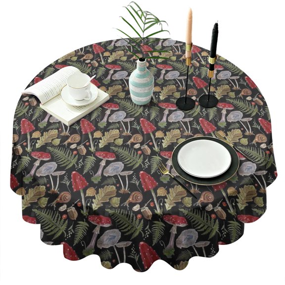 Red Mushroom Fern Black Pattern Round Tablecloth 60"x60",Wrinkle Wipeable Table Cloth for Kitchen Dining Room Picnic Patio Party