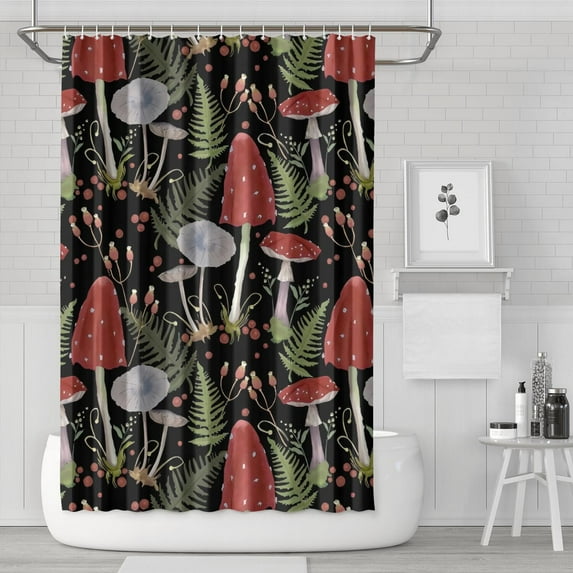 Red Mushroom Fern Black Pattern Shower Curtain 72"x72" ,Bathroom Decorative Shower Curtains Set with 12 Hooks,Modern Waterproof Washable Shower Curtain
