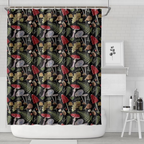 Red Mushroom Fern Black Pattern Shower Curtain 84"x72" ,Bathroom Decorative Shower Curtains Set with 12 Hooks,Modern Waterproof Washable Shower Curtain