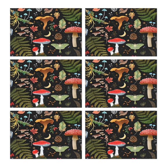 Red Mushroom Fern Black Pattern Summer Placemats Table Placemats Set Of 6-Linen Kitchen Washable Placemats Table Mats 11.8"x17.7" Non-Slip Heat Resistant