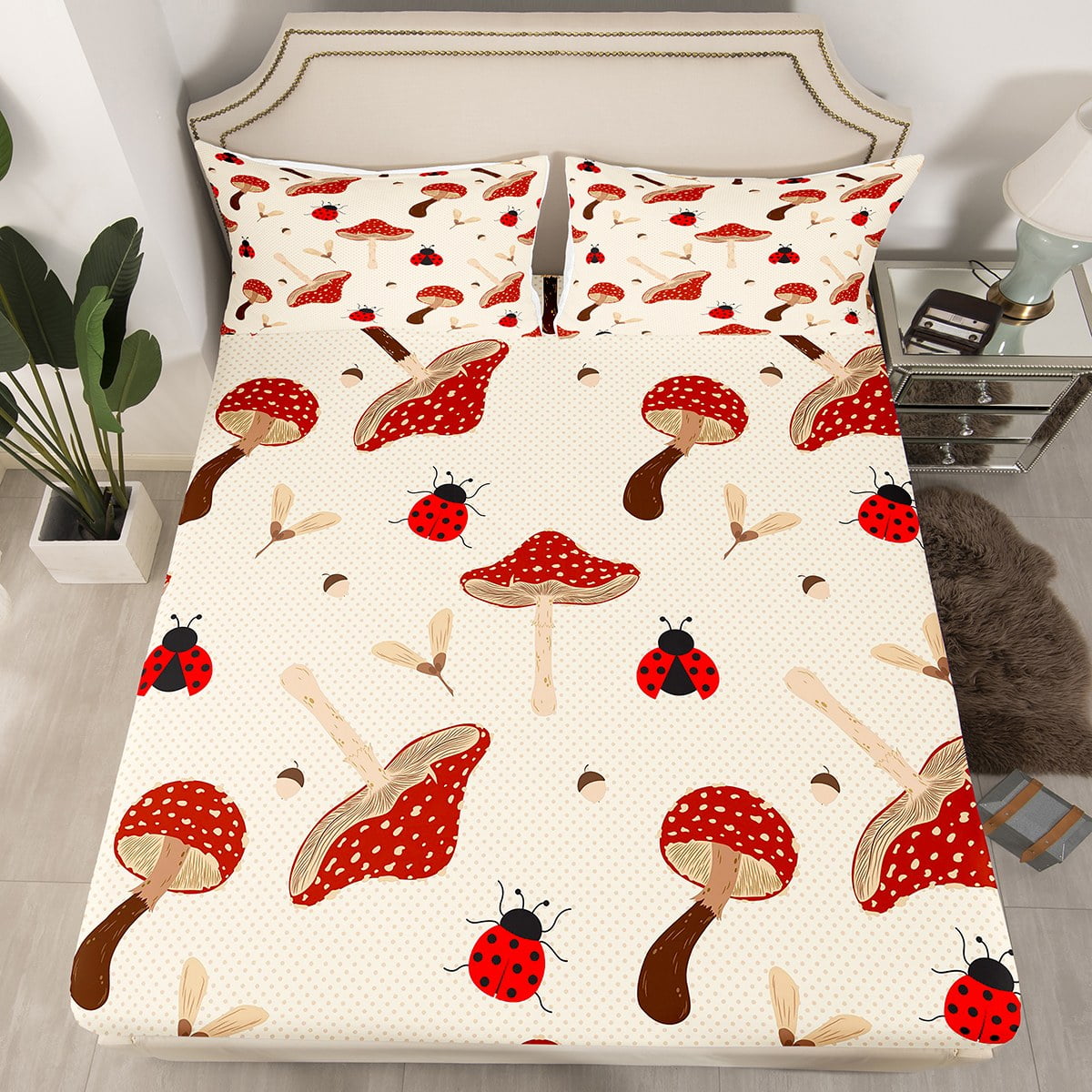 Red Mushroom Fitted Sheet Cute Ladybug Bed Sheets Twin, Wild Fungus