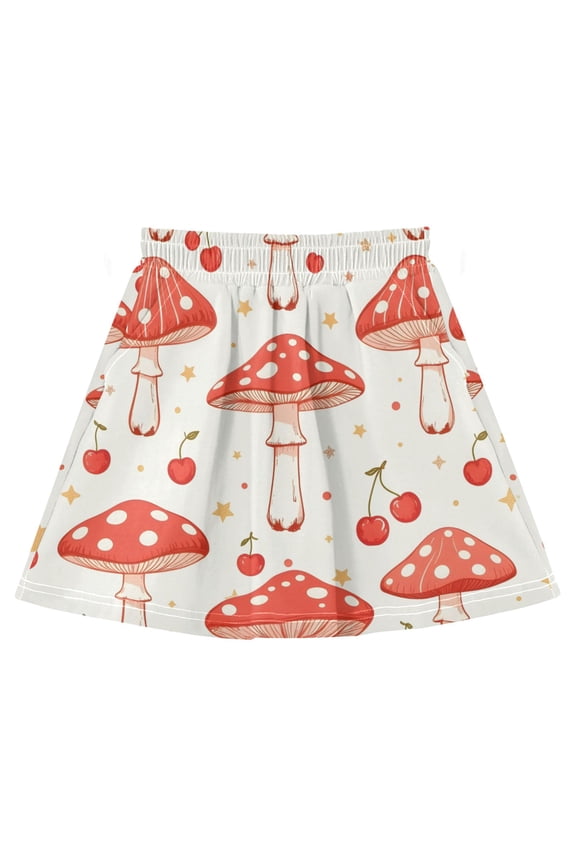 Red Mushroom Five-pointed Star Cherry Pattern Cotton Skirt Built-in Liner Elastic A-Line Flared Skirt with Pockets