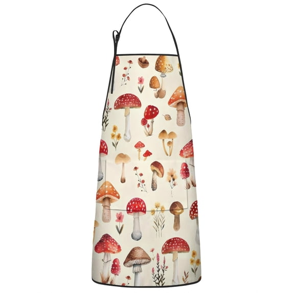 Red Mushroom Floral Light Beige Pattern Apron-Garden Aprons for Women with Pockets-Cotton Linen Waterproof Kitchen Cooking Gardening Aprons Adjustable for Kitchen,Cooking,BBQ and Salon 33x27 Inch