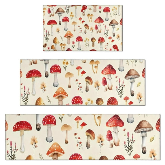 Red Mushroom Floral Light Beige Pattern Kitchen Rugs Sets Of 3,Kitchen Runner Rugs Non Skid Washable,Decorative Kitchen Floor Mats for Kitchen,Sink,Laundry,17"x30"+ 17"x47" + 17"x59"